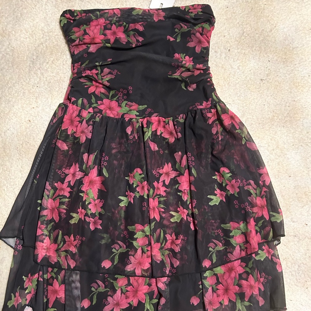 Strapless Floral Chiffon Evening Dress in Black and Pink BNWT!